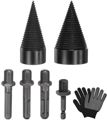 M METERXITY 2-Pack Wood Splitter Drill Bit 38mm + 50mm, Black, Grey | Firewood Log Splitter, 4 Handles (Square+Round+Hex Shank+Small Hex), with Gloves, for Outdoor/Stove/Farm