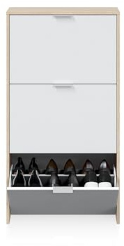 duehome | Zapatero 3 Puertas, Zapatero Estrecho, Acabado en Color Blanco Brillo y Roble Canadian, Modelo Remi, Medidas: 60 cm (Largo) x 113 cm (Alto) x 22 cm (Fondo)