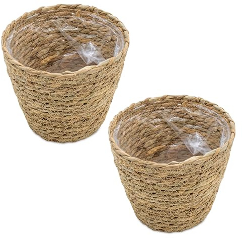 Spetebo Seegras Pflanztopf Natur mit Folie 19 x 16 cm - 2er Set - Naturfaser Blumentopf zum direkten Bepflanzen - Garten Deko Weide Pflanzkorb Blumenkorb Pflanzenschale Landhaus rustikal