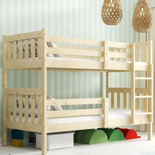 Interbeds Etagenbett Hochbett 200x90 cm Stockbett aus Kiefernholz roh mit Leiter und Lattenrost Naturholz (Naturton, 200x90)