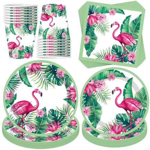 50 Stück Flamingo Partygeschirr Set,mit Pappteller Becher und Servietten | Hawaii Geschirrset,Flamingo Geburtstag Deko,Partyzubehör Geschirr,für Geburtstag Partydeko Tischdeko für 10 Gäste