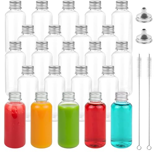 Aramanara Mini-Alkoholflaschen aus Kunststoff, leer, durchsichtig, mit Schraubverschluss, wiederverwendbar, kleine Saftflasche mit Trichtern und Bürste, für Alkohol, Saft, ätherisches Öl, 40 Stück