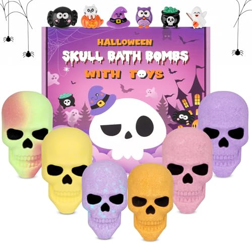 Palline da bagno per bambini con sorpresa, 6 colori a forma di scheletro di Halloween con giocattoli all'interno, regali di Halloween per bambini, ragazzi, ragazze e donne