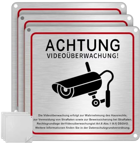 UXOIEPIO Schild Videoüberwachung, inkl. DSGVO Hinweis, 15 x 15 cm | Vorsicht Kamera Schild, Selbstklebend mit 4 Bohrungen. Wetterfest & rostfrei für Außenbereich.
