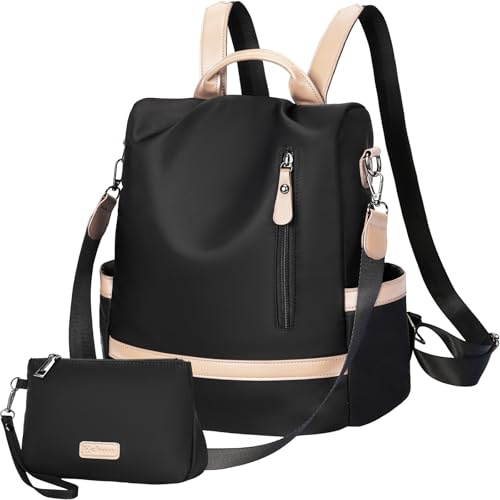 Eshow Sac a Dos Femme Antivol, Sacs à Main Portés Dos Elégant Léger, Petit Sac Bandoulière avec Étui anti RFID & Pochette pour Voyage Travail Loisirs Université Noir