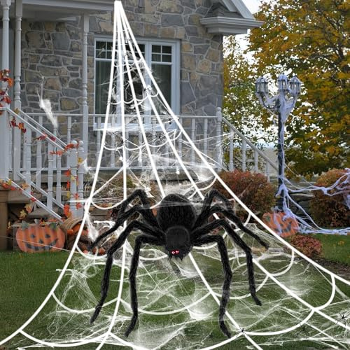 5M Halloween Spinnennetz Deko Outdoor, 1,5M Riesenspinne + Mini Spinne + Spinnenweben Deko, für Innen/Außen, Garten, Gruselhäuser & Party zur Gestaltung Einer Horror Atmosphäre