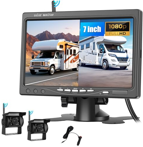 SIXWIN Kit Telecamere Retromarcia Wireless 1080P HD con Monitor 7 Pollici,2 Telecamere per Auto, Camper, Camion | Impermeabile IP68, Visione Notturna, Linee Guida, 12V-36V