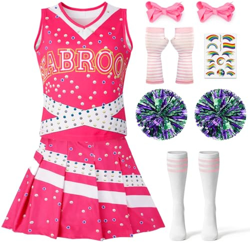 Lozzzyo Déguisement Pompom Girl Fille avec Haut, Jupe, Barrette, Pompons, Gants, Autocollants et Collants pour Carnaval, Halloween, Cosplay et Spectacles