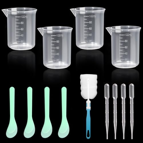 4PCS 100ml Plastic Measuring Cups: Transparent Small Measuring Jug, Paint Epoxy Resin Mixing Cups, Heat Resistant Graduated Beaker Small Plastic Jug, Liquid Measure Tool for Lab Kitchen Garden Garage