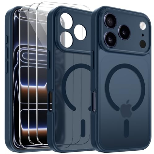 Funda Magnética para iPhone 17 Pro MAX 6,9 Pulgadas, con 3 Piezas Vidrio Templado Protector de Pantalla y Marco de Instalación Fácil, Compatible MagSafe, Carcasa Respaldo Translúcida Mate - Azul