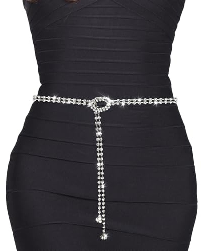 DIPZO Ceinture chaîne en argent avec strass pour femmes, chaîne taille cristalline pour robes, ceinture ajustable et élégante pour mariages et soirées
