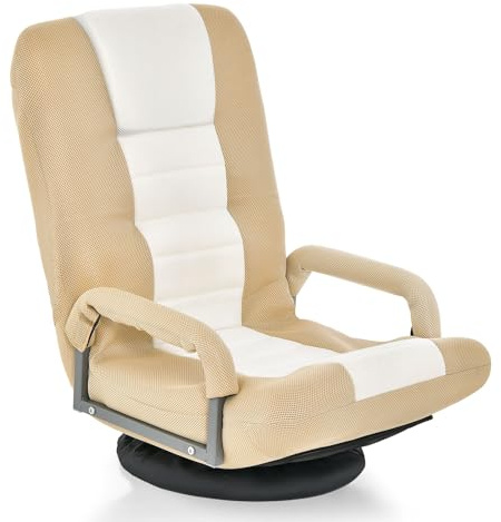 COSTWAY Folding Sofa Chair, 360 Degree Swivel 6-Position Adjustable Lazy High-Back Seat with Handrails, Home Office Living Room Study Furniture Reclining Lounge Chair (Light Brown)