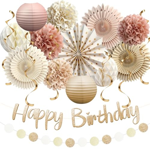 Champagne Gold Beige Fall Boho Party Decorations, Birthday Decorations for Women Girls, Cream Neutral Party Decorations, Happy Birthday Banner with Paper Flowers, Honeycomb Balls, Lanterns, Fans