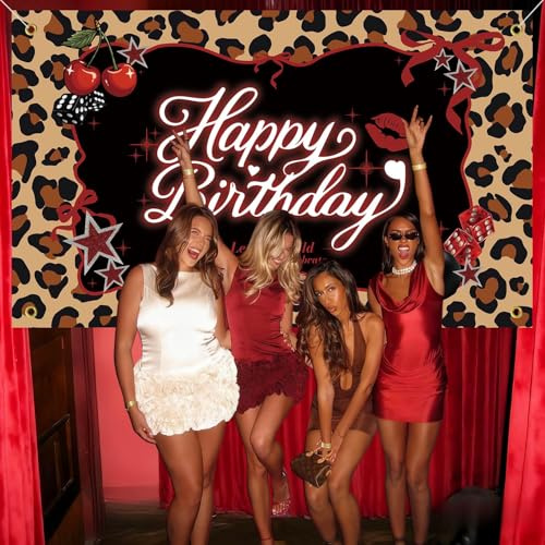 Heboland Pancarta de fondo con estampado de leopardo rojo, decoración de fiesta de cumpleaños, grande, 180 x 110 cm, estampado de guepardo rojo cereza, pancarta de fondo para mujeres y niñas