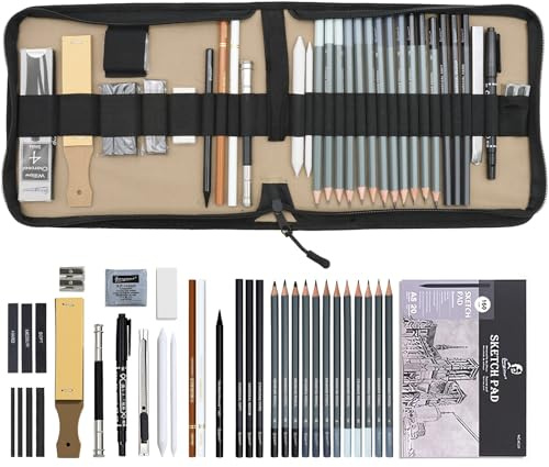 39-teiliges Zeichenset Skizzenstifte Set, Zeichenstifte Künstlerbedarf mit Skizzenbuch Graphitstiften Pastellkreiden, Kohlestiften, Professionelles Zeichenset für Erwachsene, Künstler und Anfänger