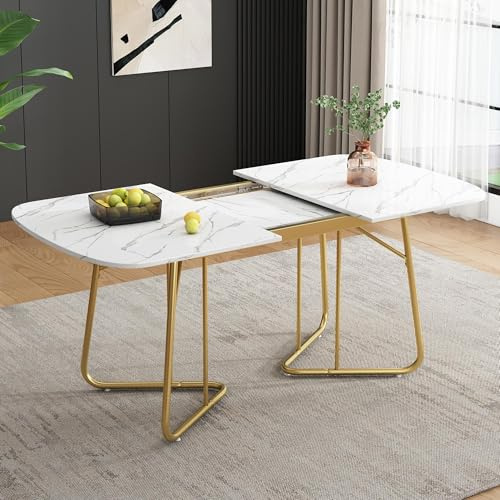 Bladez Oval Ausziehbarer Esstisch Für 6-8 Personen 140-180 cm, Luxus Marmor-Optik & Goldenen Beinen, Weißer Modern Küchentisch, MDF Tischplatte (Weiß)