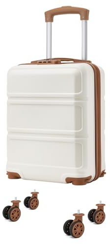 Kono 15 Inch Ryanair 40x30x20 Carry On Hand Luggage, Lightweight Hard Shell Cabin Bag, Small Suitcase with 4 Spinner Wheels (Cream/Brown)