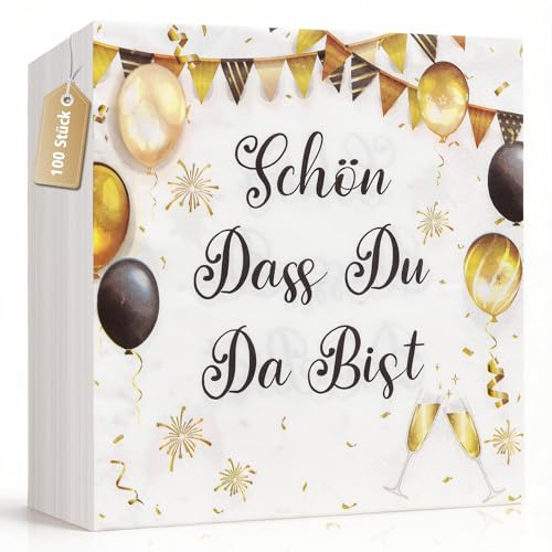 100 Stück Servietten Schön Dass Du Da Bist, Servietten Geburtstag | Servietten mit Spruch für Geburtstag, Hochzeit, Jubiläum und Party, Strapazierfähige Tischdeko 33x33cm