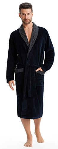 LEVERIE Peignoir de Bain/Sauna Classe Homme en Coton avec col châle en Contraste, Bleu de Prusse, L