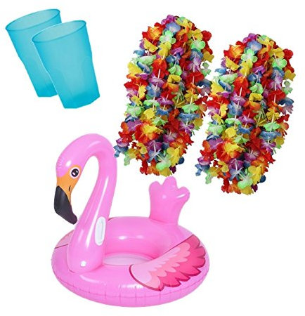Zeus Party Kit Estate - Salvagente Fenicottero Rosa Gonfiabile + 20 Collane Hawaiane + 20 Bicchieri da Cocktail Celesti Azzurri per Feste al Mare e in Piscina