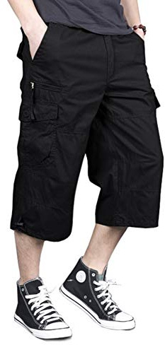 MAGNIVIT Mens Capri Long Twill Elastic Cargo Shorts Below Knee 3/4 Cargo Shorts Cotton Relaxed Fit Casual Multi-Pocket Black 40