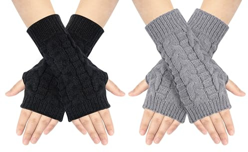 2paires Mitaines Gants Femme Hiver sans Doigts en Coton Tricotés Chaud Simples Elegants, 1#, Taille unique