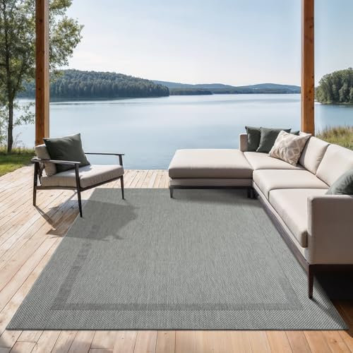 the carpet Mistra Heavy Duty Flat Woven Rug, Modern Design, Ideal for Kitchen and Dining Room, Trendy Colours, Extra Flat Outdoor Use, Border, Anthracite, 140 x 200 cm