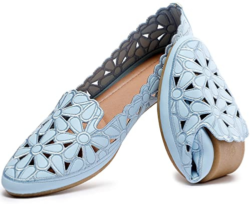 HEAWISH Women's Floral Ballet Flats for Women Black Beige Slip On Flowers PU Leather Round Toe Dress Shoes(Light Blue,US8)