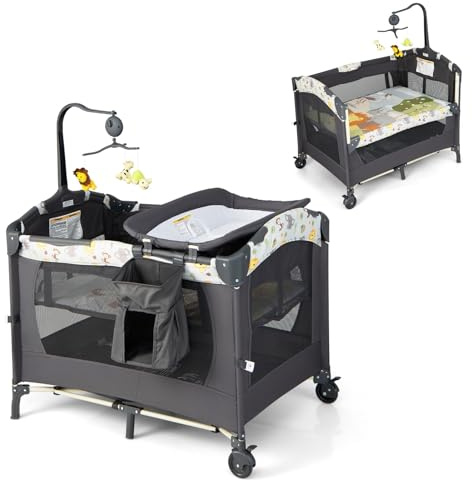 DREAMADE 4 in 1 Kinderreisebett Klappbar, Babybett Höhenverstellbar mit Wickeltisch, Beistellbett mit Tragetasche, für Baby 0-36 Monate