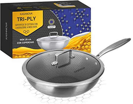 KASANOVA Padella antiaderente Tri-ply, Rivestimento nido d'ape, Forno e tutti i piani cottura (Wok 28 cm)