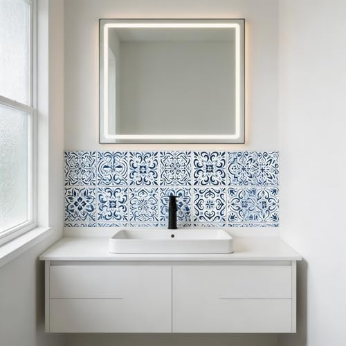 CHGCRAFT 36 pièces 10x10cm Autocollants Carrelage Mural Céramique Bleu et Blanc Autocollant de Carreaux Muraux Étanche Imperméables Décoratifs Autocollants pour Cuisine Salle de Bains Table Bureau