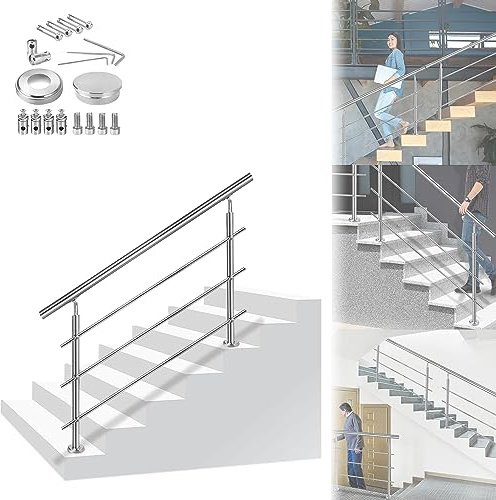 ACXIN Pasamanos para escaleras, 42 mm de diámetro, barandillas de acero inoxidable, montaje en suelo, kit de construcción para escaleras (200 cm, 3 travesaños)
