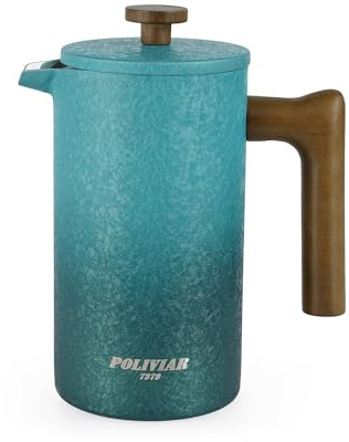 Poliviar French Press Edelstahl Kaffeebereiter 1 Liter | Doppelwandig isoliert Kaffeebereiter, Handfilter Kaffeepresse, Plunger & Griff aus Holz