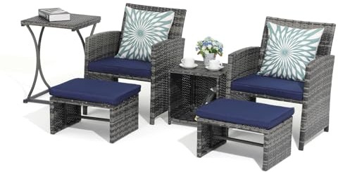OC Orange-Casual 6 Piece Patio Furniture Conversation Set with Ottoman, Outdoor Grey Wicker Chair and Table Set, Balcony Furniture for Apartments, Navy Blue