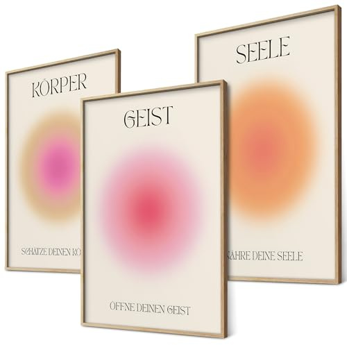 Geist Körper Seele Yoga Poster Set Achtsamkeit Aura Farben Wanddeko Inspirierende Bilder Mindfulness Schlafzimmer Deko Wohnzimmer Dekoration Homeoffice Achtsamkeitsposter (3x A4 | Ohne Rahmen)