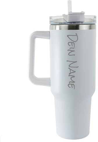 Tumbler Trinkbecher mit Strohhalm 1.18L 40OZ Thermobecher mit Griff hält kühl oder warm Becher mit Deckel und Strohhalm personalisiert mit Namen Tragbarer Autobecher Kaffeebecher TO-GO (Weiss)