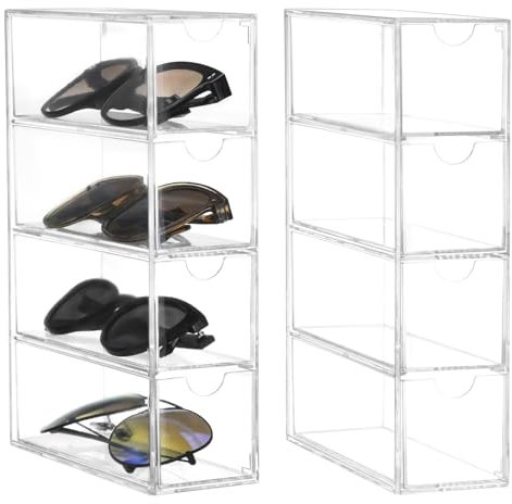 QWORK® 2 Pezzi Porta Occhiali Multiplo in Acrilico con 4 Cassetti - 17,5 x 24,6 x 6,5 cm - Organizer Trasparente per Occhiali, Gioielli e Orology