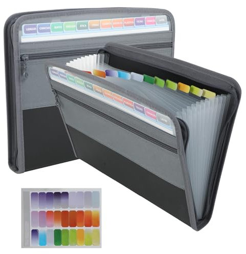 Flearitzo Dokumentenmappe A4 - Segeltuch Fall Aktenordner mit 13 Fächern, Reißverschluss, Fronttasche, Klebeetiketten - Schwarz