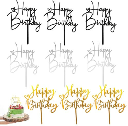 WQEDVN 9 Pack Gold, Silver, Black Acrylic Happy Birthday Cake Toppers - 9 Pieces - Perfect for Birthday Parties, Baby Showers & Special Celebrations