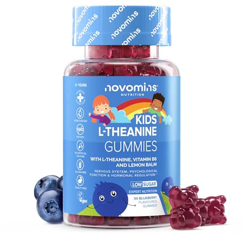 Kids L Theanine Gummies - 1 Month Supply - 50mg with Lemon Balm & Vitamin B6 to Improve Kids' Focus & Concentration - 30 Count - Vegan L Theanine Supplements Gummies - Novomins