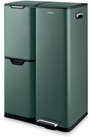 Tower T838024FOR Poubelle de recyclage à pédale, trois compartiments individuels avec seaux intérieurs amovibles, corps en acier carbone, 60 L, vert forêt
