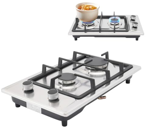 Cuisinière à gaz, 2 feux, avec tuyau de gaz et valve de réduction de pression, 3 kW + 1,75 kW, pour cuisine, bureau ou camping, plaque de cuisson électrique pour propane et gaz naturel, 2800 Pa