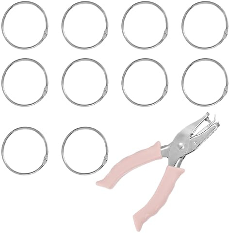 Hole Punch, Single Hole Punch 3mm with 10 Metal Rings, Pink Handheld Puncher for Paper, Cards, DIY Crafts, Scrapbooking, Office and School Supplies