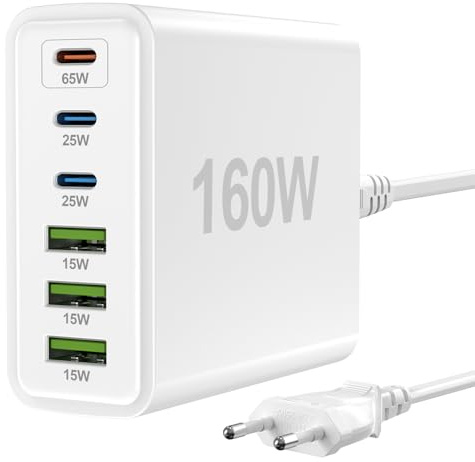 FNITAER 160W USB ladegerät mehrfach, 6 Ports netzteil USB c, USB c ladegerät, Schnellladegerät, Mehrfachsteckdose mit -C und -A, Adapter für Laptop, Smartphones, ipad und Kopfhörer,Weiß
