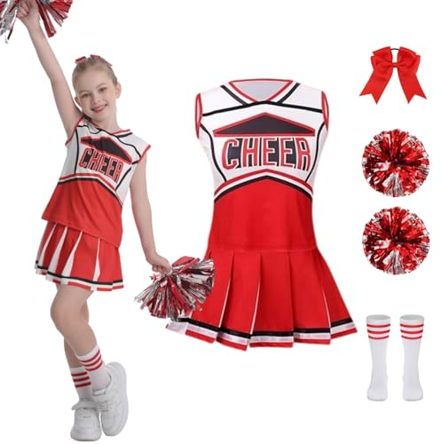 RRCBMD Kids Cheerleading Costume 5 Piece Set Cheerleading Outfit Halloween Party Gift (Red,8-9Y)