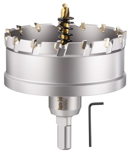 CoCud Sierra Perforadora 81mm, Sierra Taladro de Aleación Cementada de Carburo de Tungsteno, con Llave Hexagonal, Punta Guía y Resorte para Acero Inoxidable, Plateado