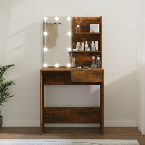 Toletta con LED in Rovere Fumé, Postazione Trucco Completa con Scrivania Trucco e Specchio, Toeletta da Trucco con Specchio, Tavolino da Toilette Illuminato per Camera o Cameretta, 74.5x40x141 cm