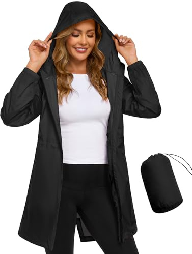 CMTOP Waterproof Jacket Women Lightweight Packable Rain Jackets Casual Hooded Windbreaker Breathable Functional Raincoat Mid-length Outdoor Softshell Jacket for Walking Hiking(Black, L)