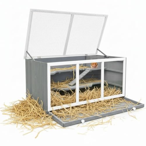Mucola Kleintierkäfig Nagerkäfig Holz 3 Etagen mit Plexiglasfront Grau | für Kaninchen, inkl. Haus und herausziehbarer Schublade, leicht zu reinigen, gute Belüftung und Lichteinfall, Indoor Gehege
