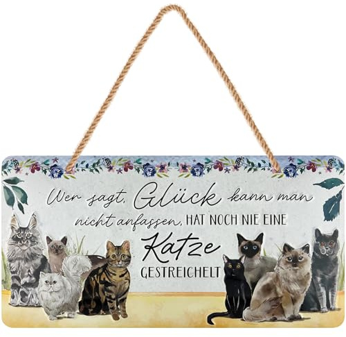LANOLU retro Blechschild, Katze Schild lustige Retro Deko, Vorsicht Katze Schild für Wohnung Küche Flur, Geschenk für Katzenliebhaber Katzenmama, mit Jutekordel, 16x32 cm